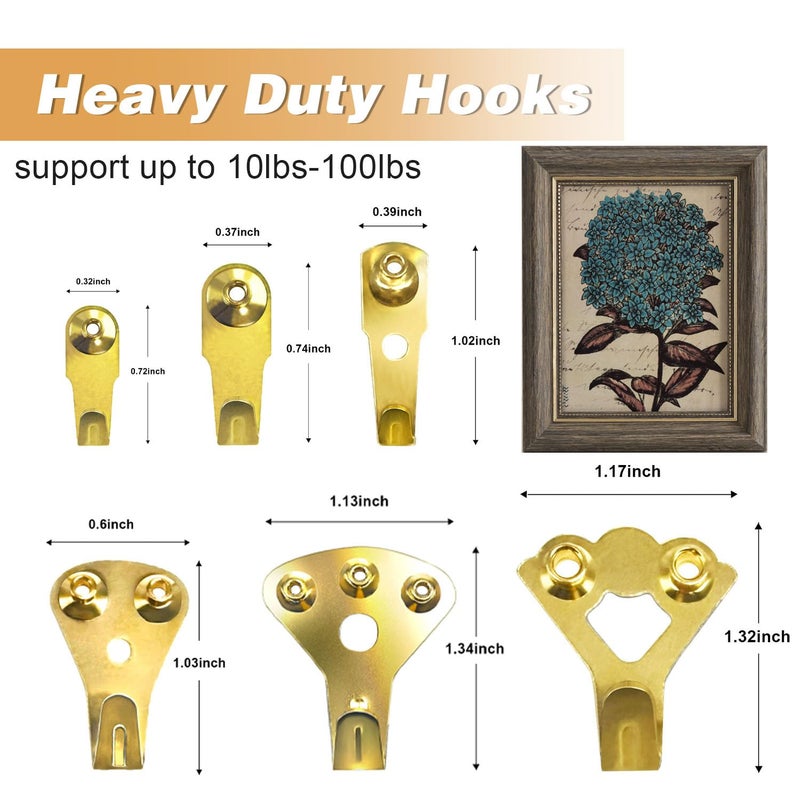 zDwfDc 130PCS Heavy Duty Picture Hangers Support 10-100lbs Picture Hardware Hook with Nails for Hanging Pictures, Plaster Walls, Clock, Mirror, Painting Hooks Heavy Duty - Image 2